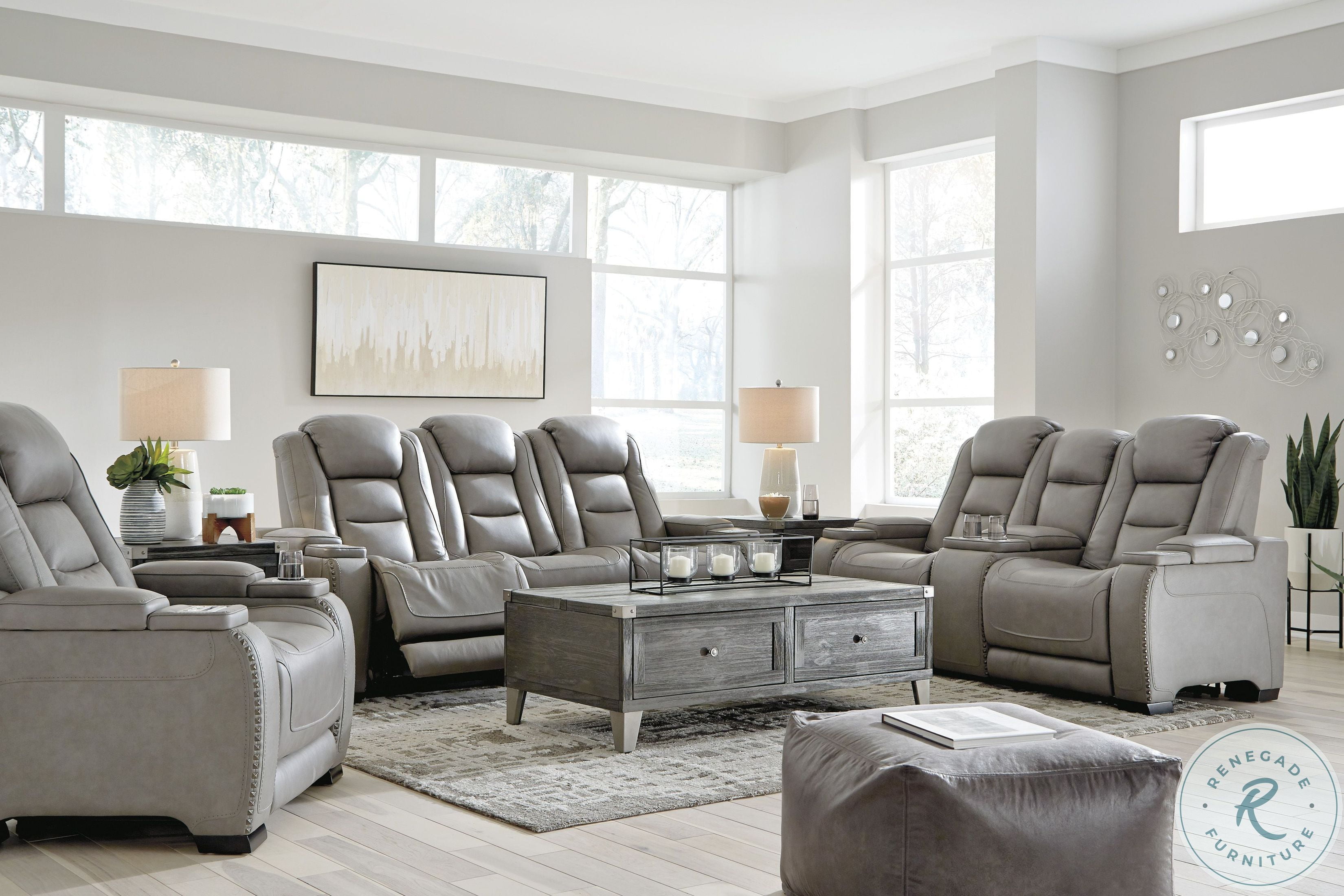 The Man Den Gray Leather Power Reclining Sofa with Adjustable Headrest