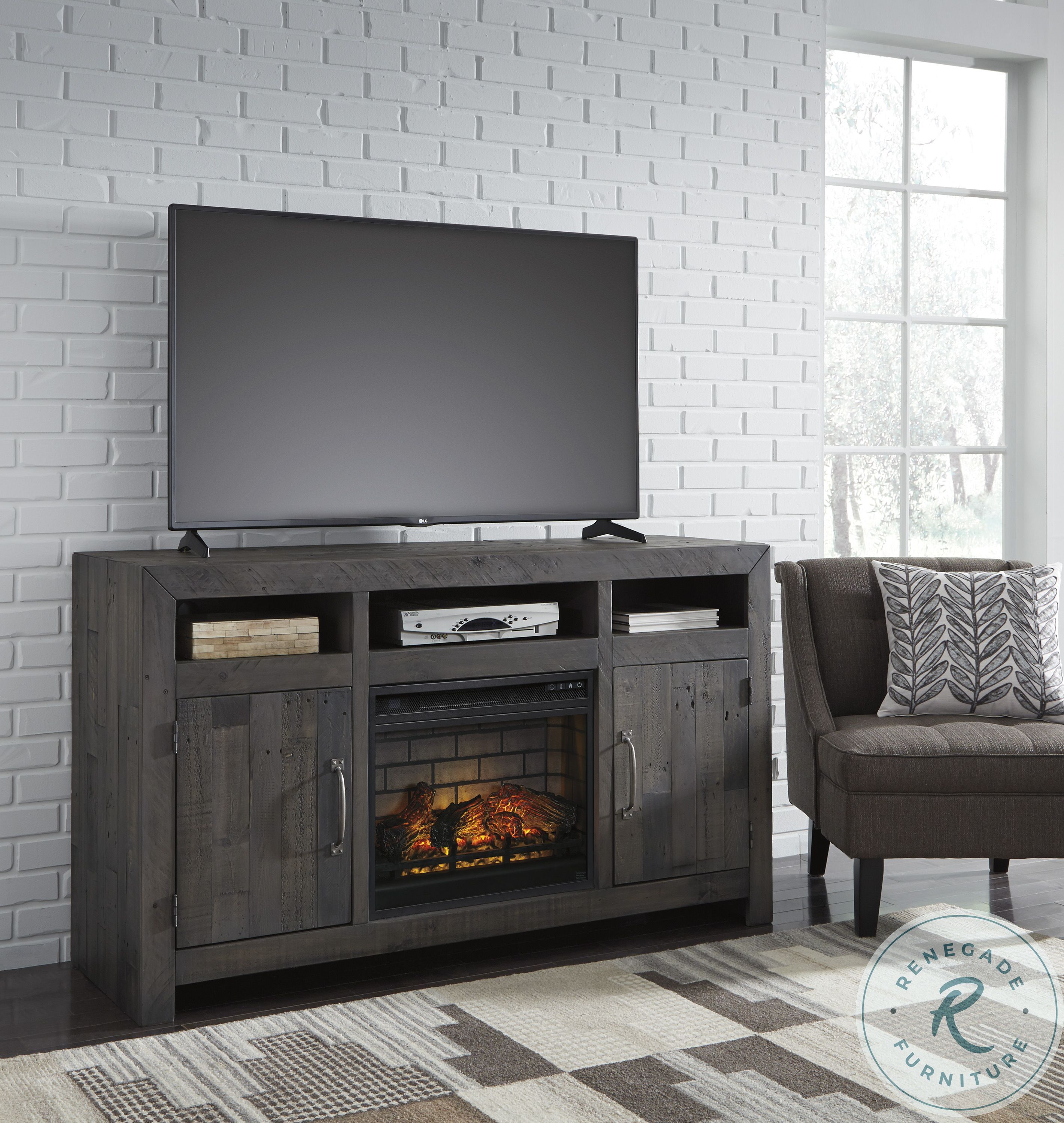 Mayflyn Industrial Gray Lg TV Stand With Fireplace Insert