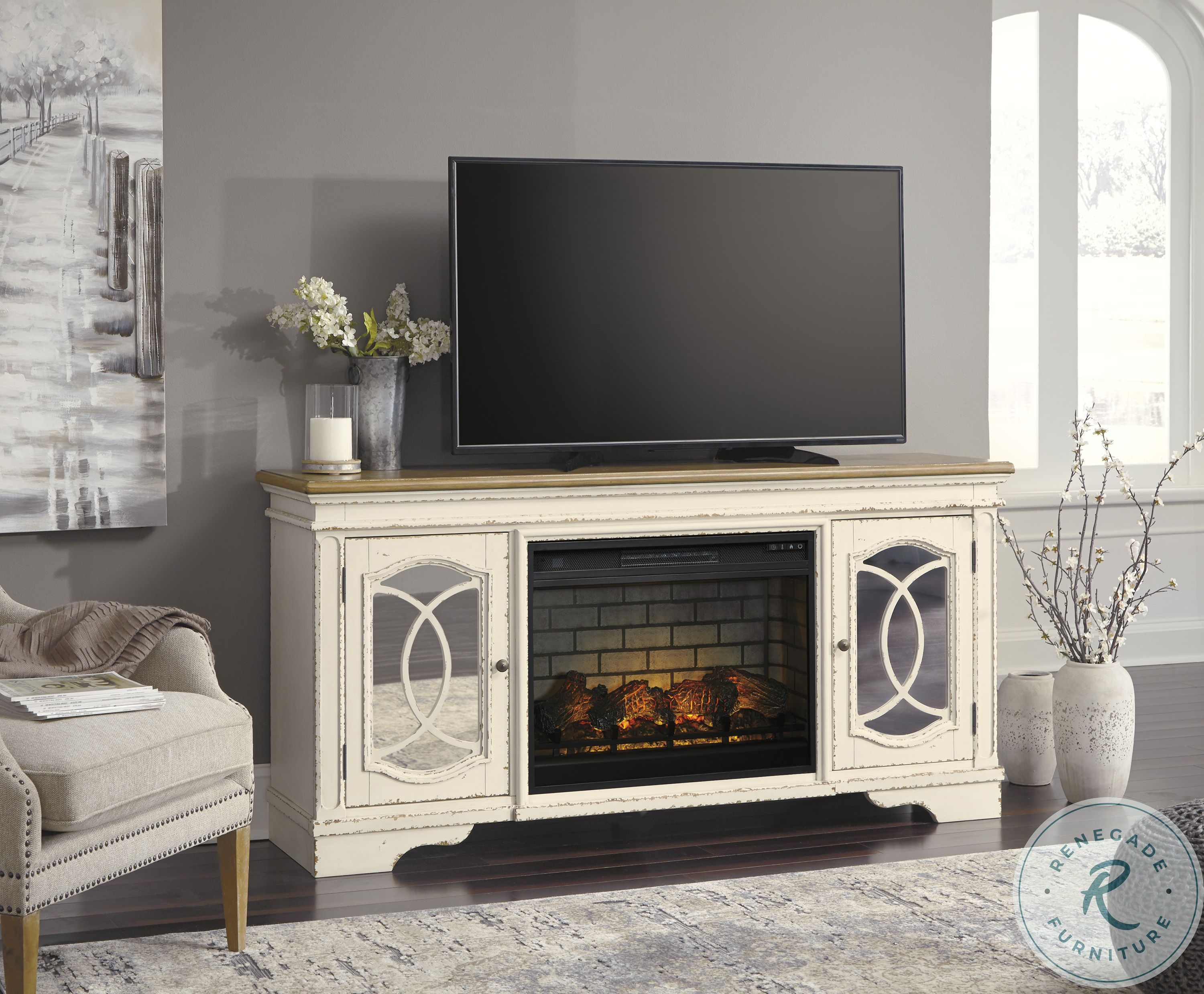 Realyn Chipped White 74" TV Stand With Electric Fireplace