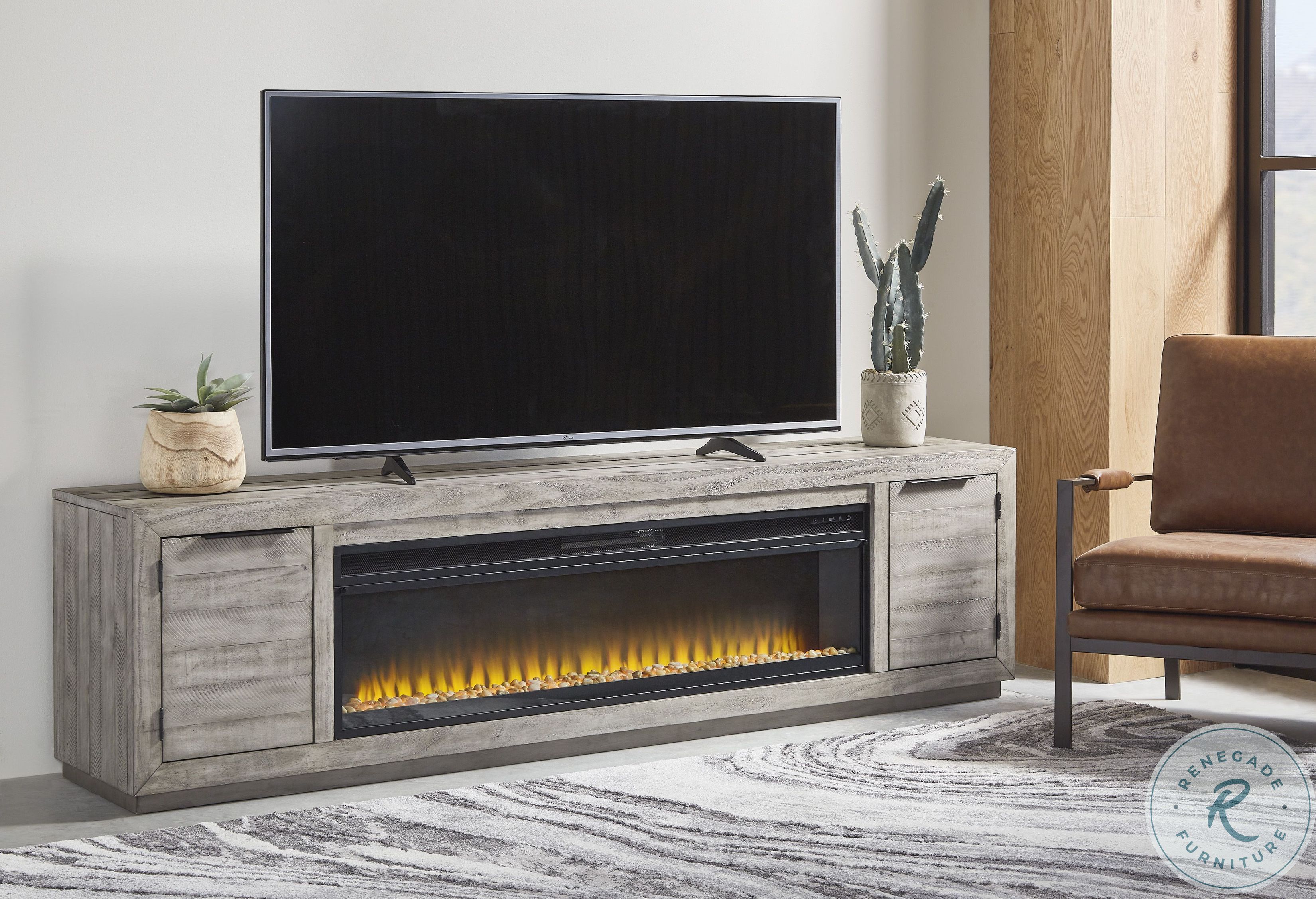 Naydell Gray 92" TV Stand with Wide Fireplace Insert From Ashley