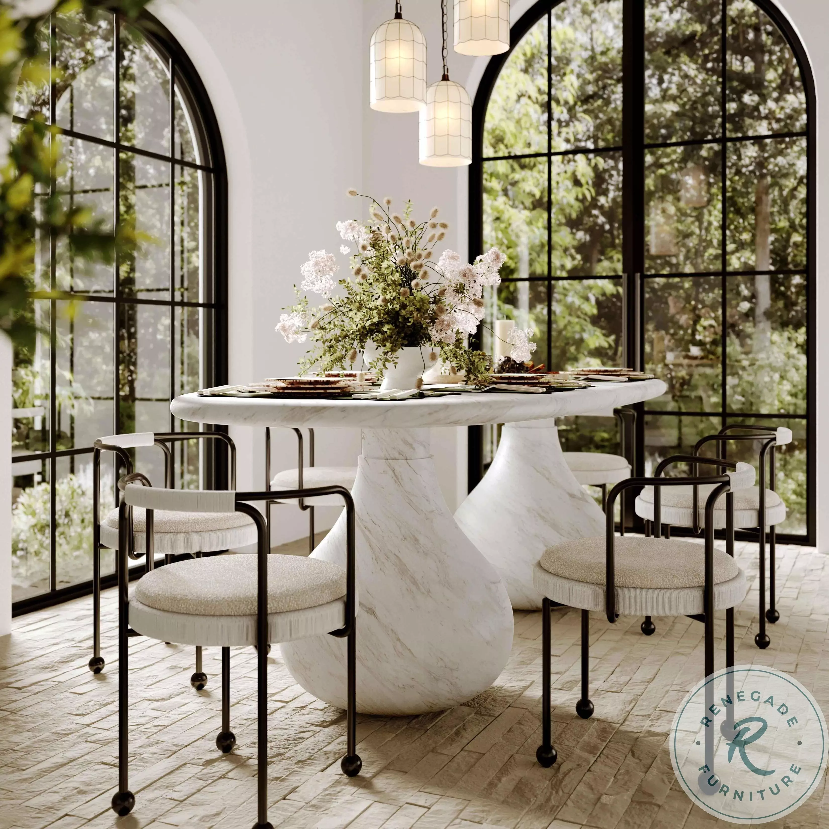 Smooch White Faux Marble Print Outdoor Oval Dining Room Set From